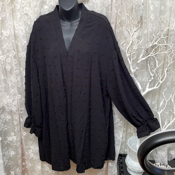 Curve Tops - Deep Black Sheer Swiss Dot Kimono Cardigan Blouse